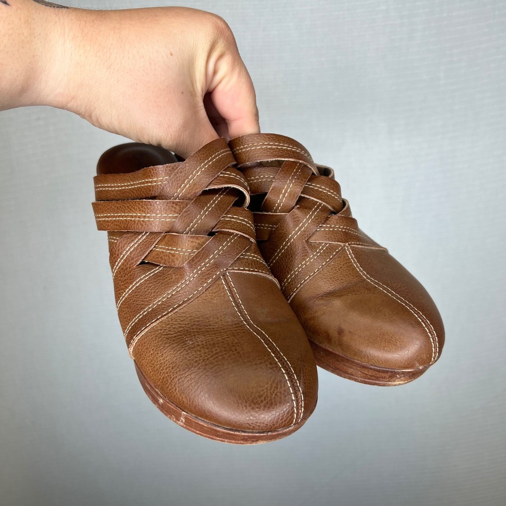 b.o.c. Born Concept Brown Faux Leather Interwoven Clog Mules Wood Block Heel - Picture 2 of 6